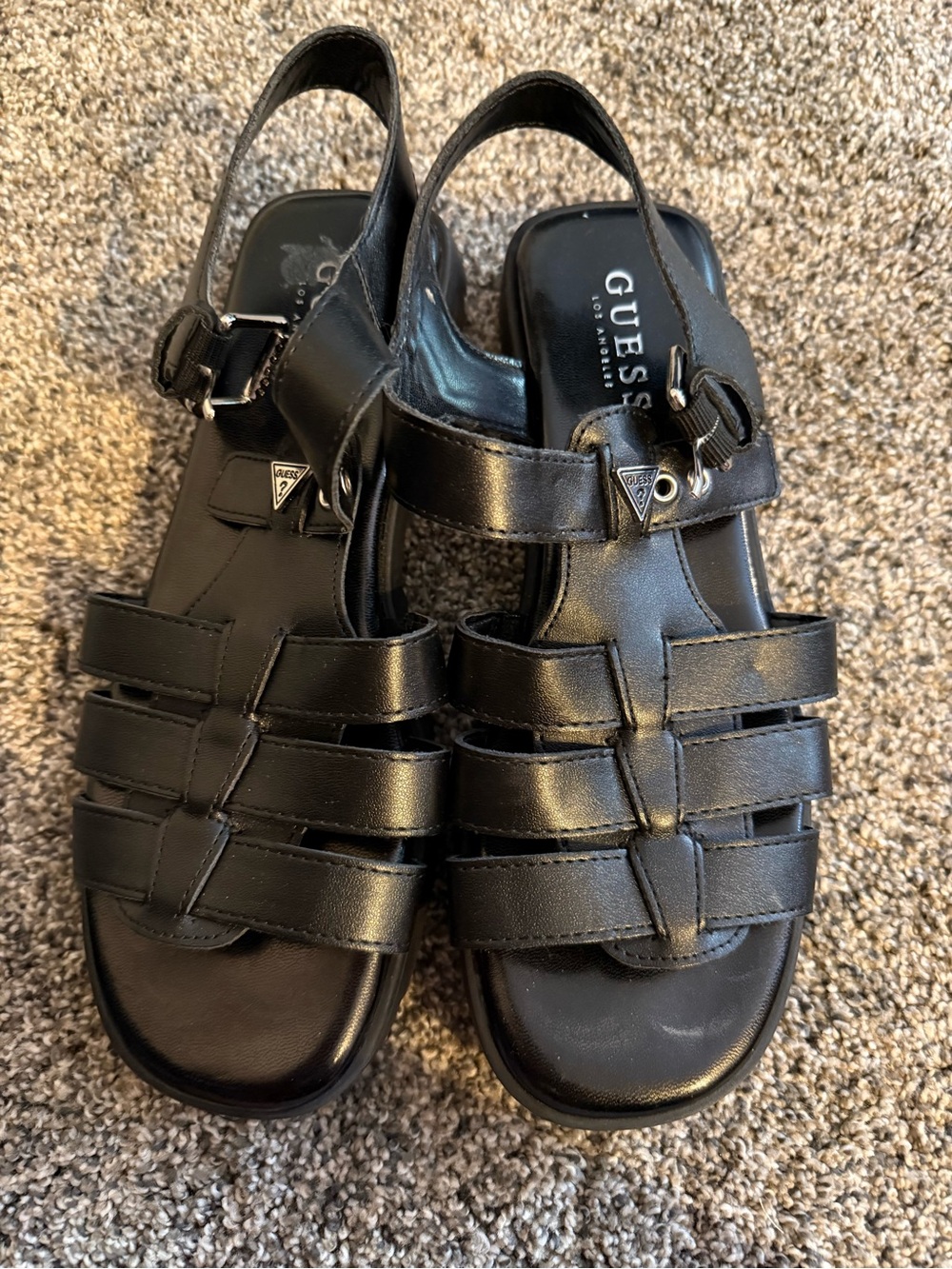 GUESS Black Leather Multi-Strap Slingback Sandals